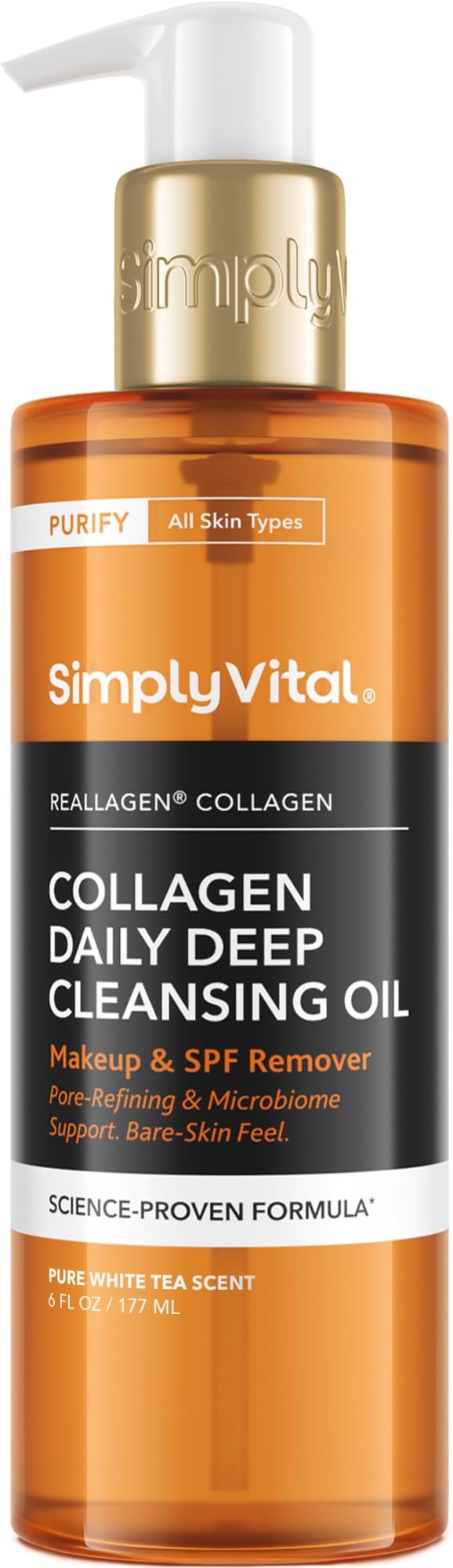 SimplyVital Deep Cleansing Oil - 3-in-1 Makeup & SPF Remover with Vegan Collagen, Squalane & Microbiome Support - Oil-to-Milk Pore Refiner for All Skin Types - 6 fl oz