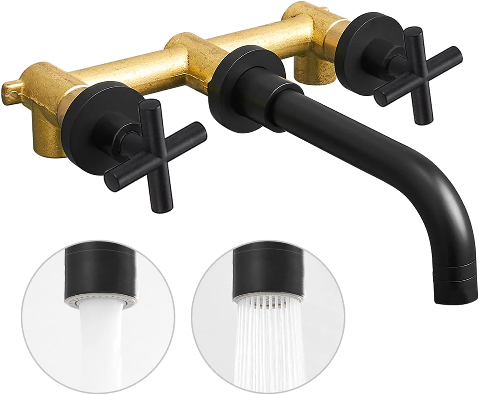 Hoimpro Cross Handle Wall Mount Bathroom Faucet,Two Handle Wall Mounted Bathroom Sink Faucet, 2 Function (Stream,Spray) Bathtub Vanity Faucet, Rv Bath Tub Faucet with Rough in Valve, Matte Black/Brass