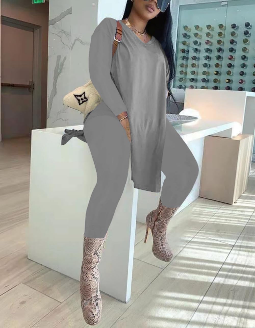 HBQ Womens Plus Size 2 Piece Outfits Tracksuits Long Sleeve Tunic Tops Bodycon High Waist Leggings Pants - Image 3