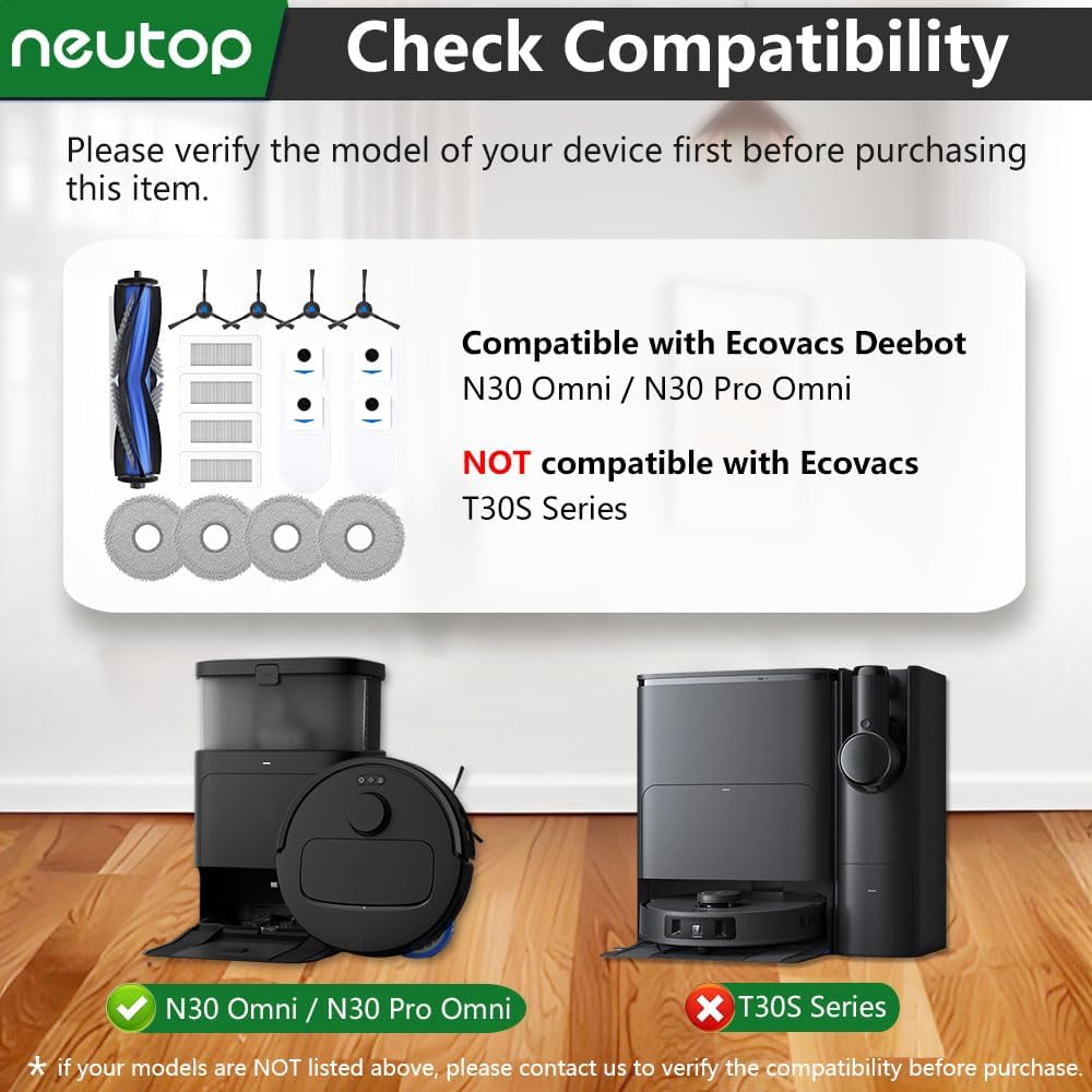 Neutop Replacement Parts Compatible with Ecovacs Deebot N30 Omni, N30 Pro Omni, Robot Vacuum Accessories 1 Roller 4 Filter 4 Side Brush 4 Mop Pad 4 Dust Bag