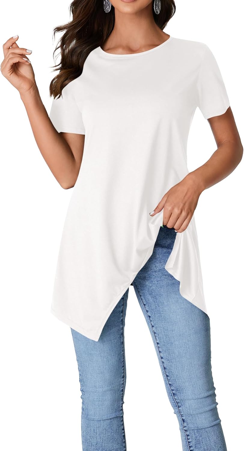 LYANER Women's Crewneck Short Sleeve Tunic Top Loose Flowy Irregular Hem Blouse - Image 3