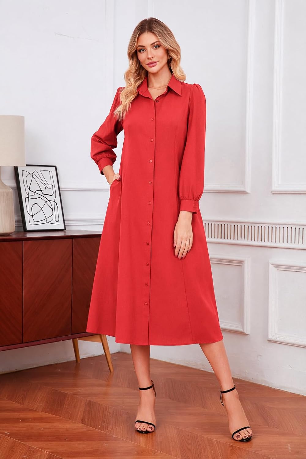 Ladyful Women's Long Sleeve Cotton Midi Shirt Dress Button Down Belted Casual A-line Flowy Tie-Waist Collared Dresses - Image 5