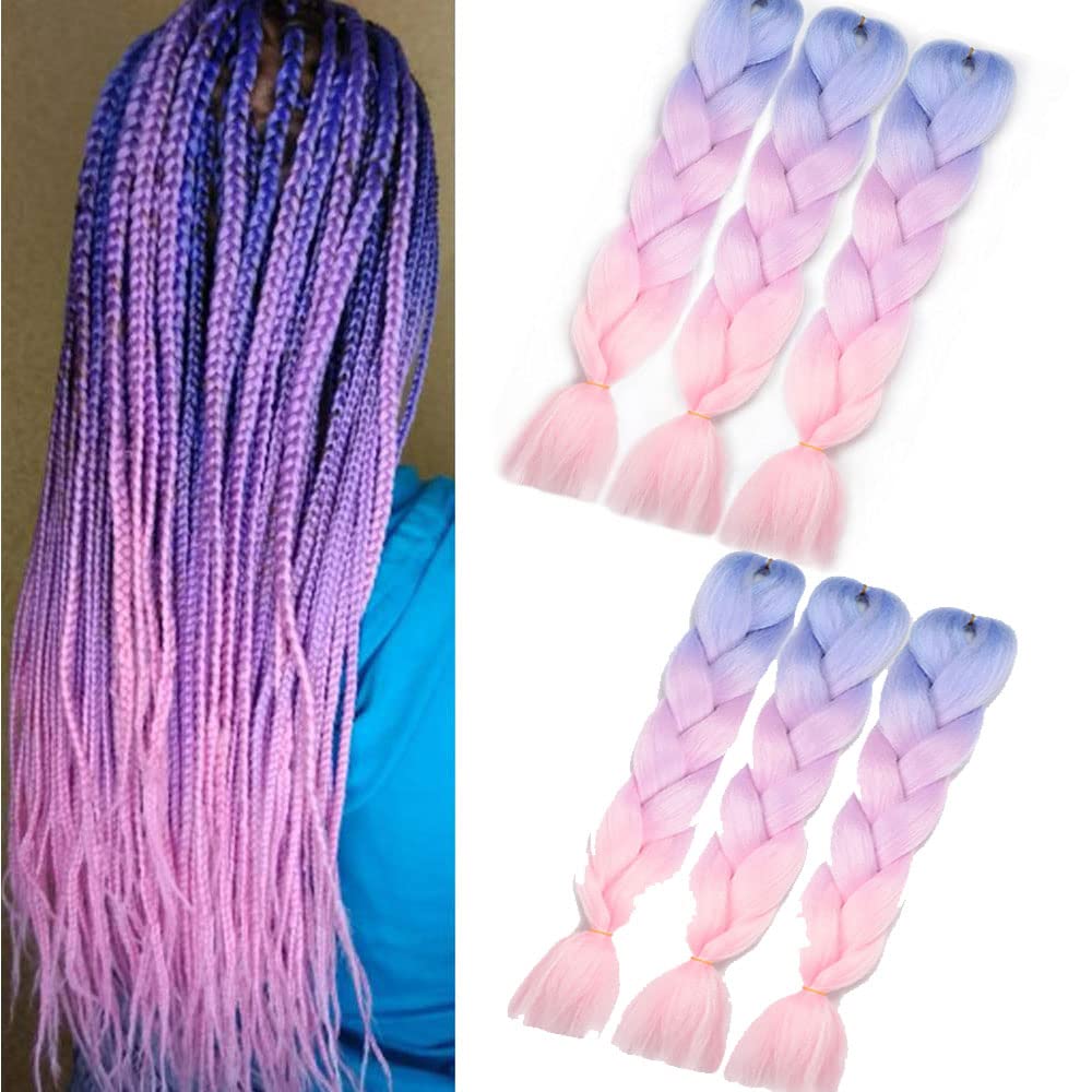6 paquetes de extensiones de pelo sintético Ombre Jumbo trenzas de 50 cm, trenzas afro, trenzas sintéticas, extensiones de pelo (azul claro morado/rosa)