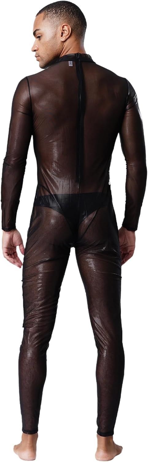 Men's See Through Mesh Sheer Bodysuit Full-bodysuit Jumpsuit Shiny Metallic Unitard for Clubwear
