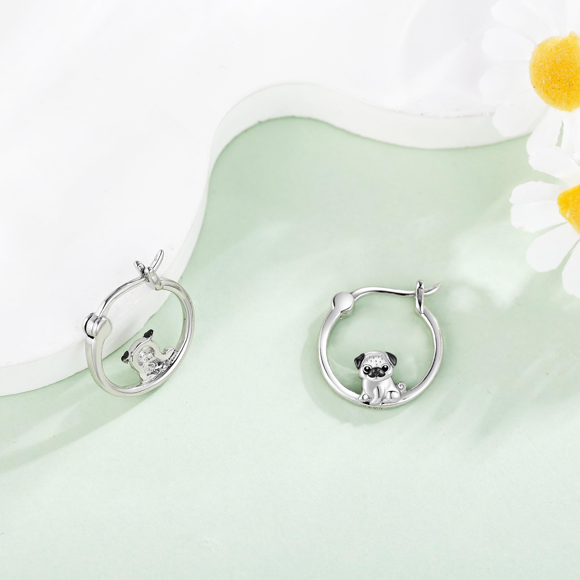 Mops Ohrringe S925 Sterlingsilber süße Mops Creolen für Frauen Mops Geschenke für Mops Liebhaber