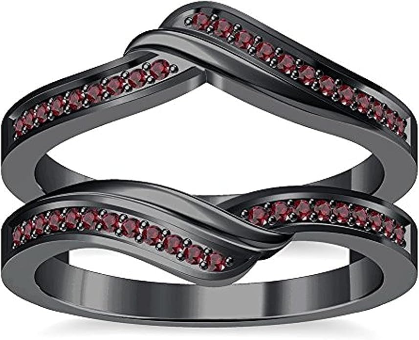 Created Round Cut Garnet 925 Sterling Silver 14K Black Gold Plated Chevron Curved Enhancer Engagement Ring Guard For Women
