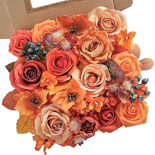 rongflower - Flores artificiales naranjas, pack surtido de flores y rosas de seda de otoño, para hacer en casa arreglos florales, ramos de boda, centros de mesa