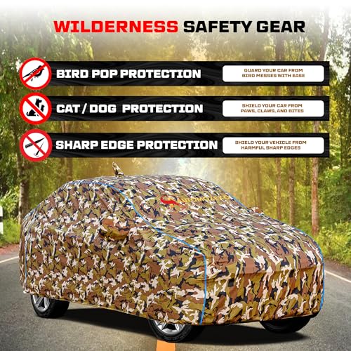 Image of Maruti Suzuki Dzire 100% Waterproof Car Cover for All Weather Protection with Mirror & Antena Pocket Inner Cotton Triple Stitched Adjustable Belt Bottom Elastic Cover to Secure Fit -Jungle