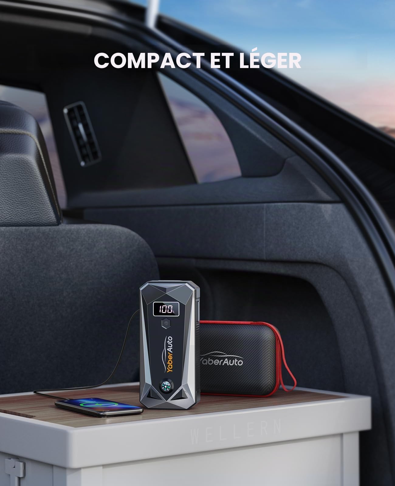 YaberAuto Démarreur de batterie portable 5000 A 21800 mAh (gaz 9,0 L, moteur diesel 8,0 L), batterie de voiture, charge rapide, câbles de démarrage, boîte de démarrage avec 3 modes