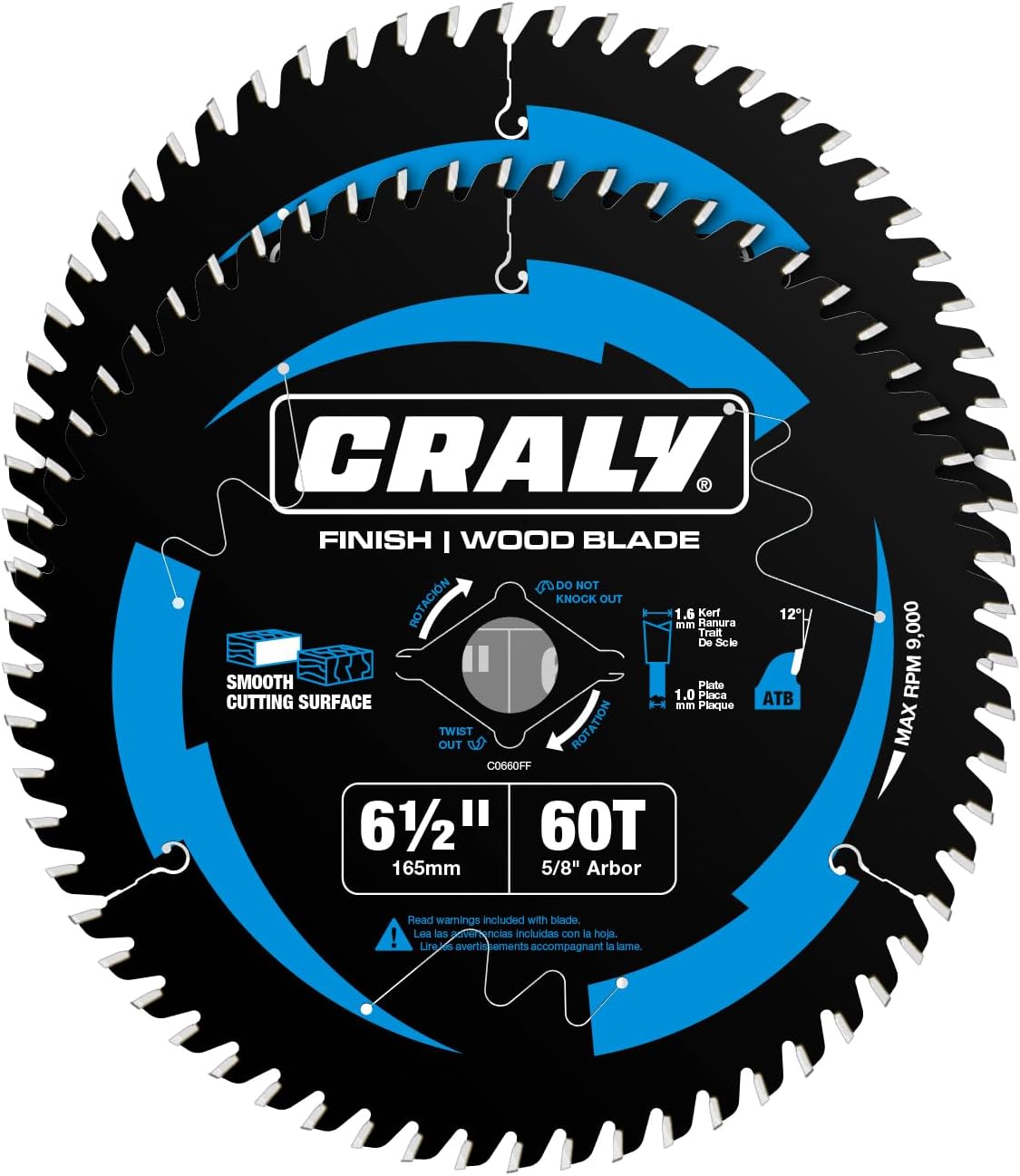 6-1/2 Inch 60 Teeth Ultra Fine Finish Wood Cutting Circular Saw Blade, 5/8 Inch Arbor, Carbide Tipped, Thin Kerf, Black Iceโข Coating, for Plywood, MDF, OSB, Laminated, 2-Pack(C0660FF-2)