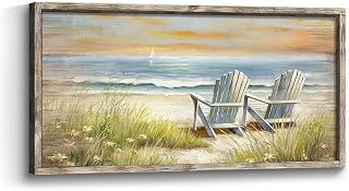 Beach Ocean Wall Art Framed: Coastal Chair Print Picture Relaxing Sea View Wooden Painting Seaside Seascape Artwork Decor for Living Room Bedroom Bathroom 24”x12”