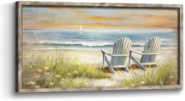 Beach Ocean Wall Art Framed: Coastal Chair Print Picture Relaxing Sea Vi...