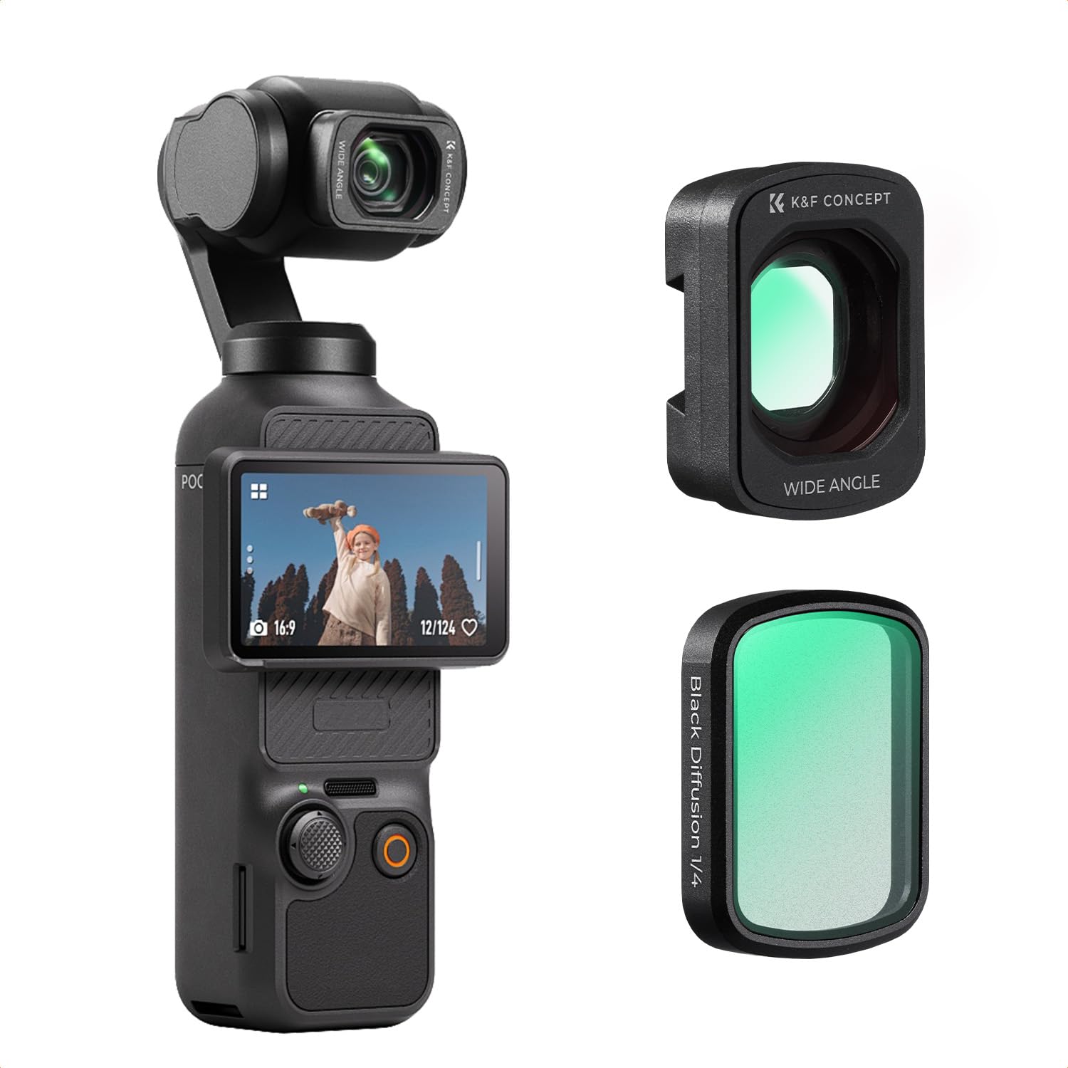 K&F CONCEPT Set Obiettivo Grandangolare Magnetico & Filtro di Diffusione Nero 1/4, Compatibile con DJI Osmo Pocket 4/3, 2 Pezzi, Vetro Ottico, Multistrato, Fissaggio Magnetico