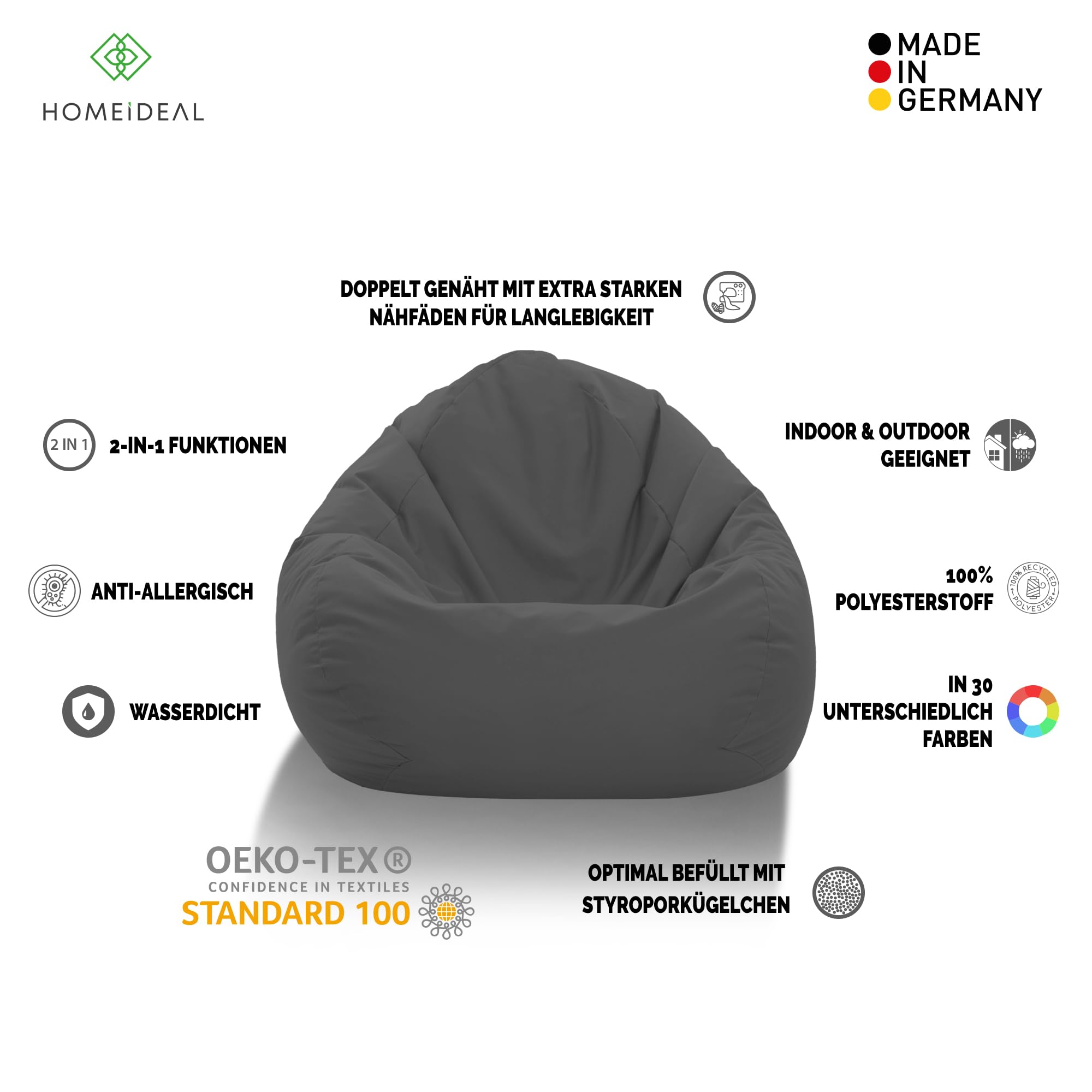 Sitzsack XXL Bodenkissen für Erwachsene & Kinder - Geeignet für Gaming oder Entspannen - Indoor wie Outdoor da er Wasserfest ist - mit EPS Perlen, Farbe:Anthrazit, Größe:XXXL