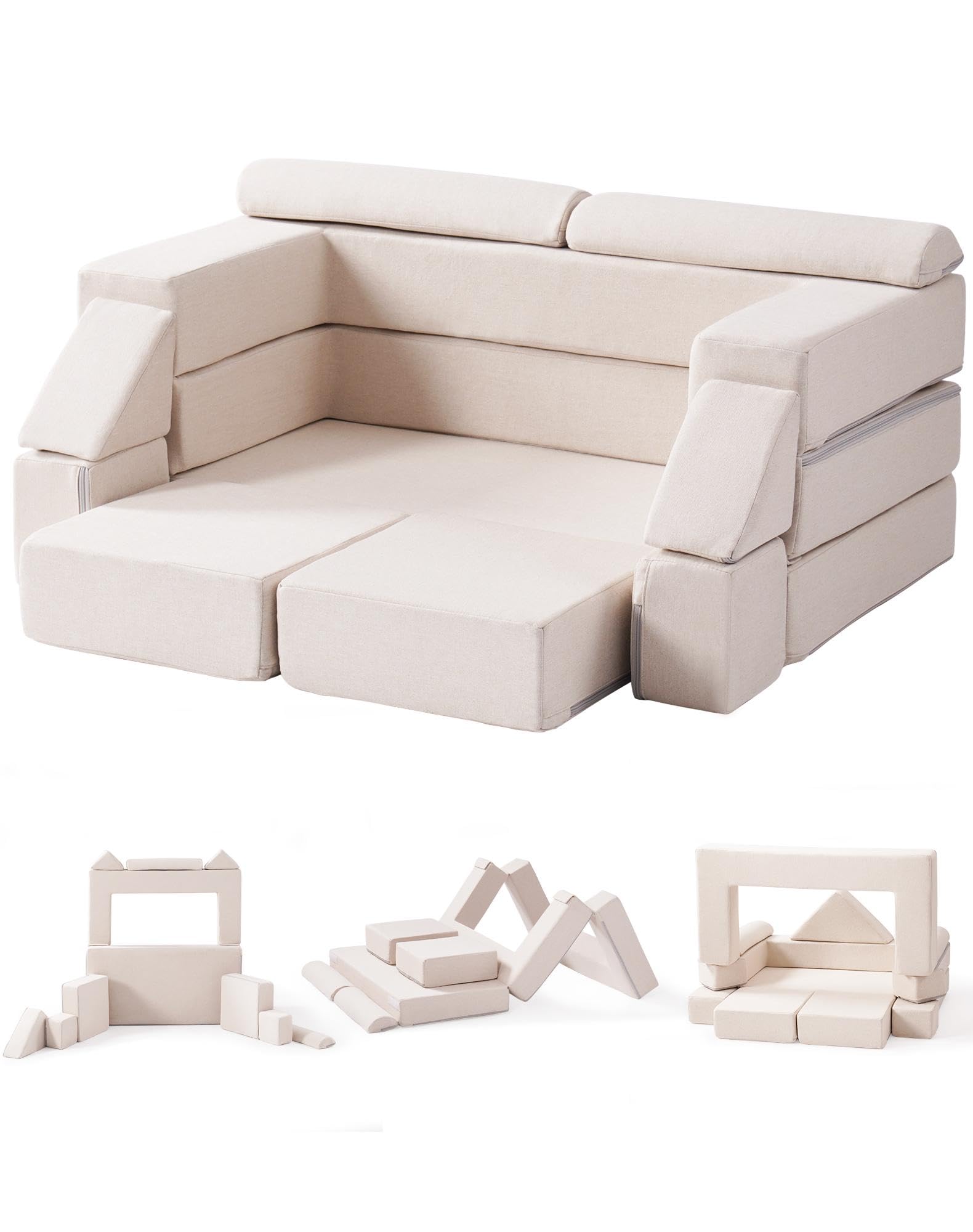 ROBUD Kids Couch, Beige Modular Kids Play Couch, DIY-Style & Washable Toddler Sofa for Playroom, Bedroom, Nursery, WG411