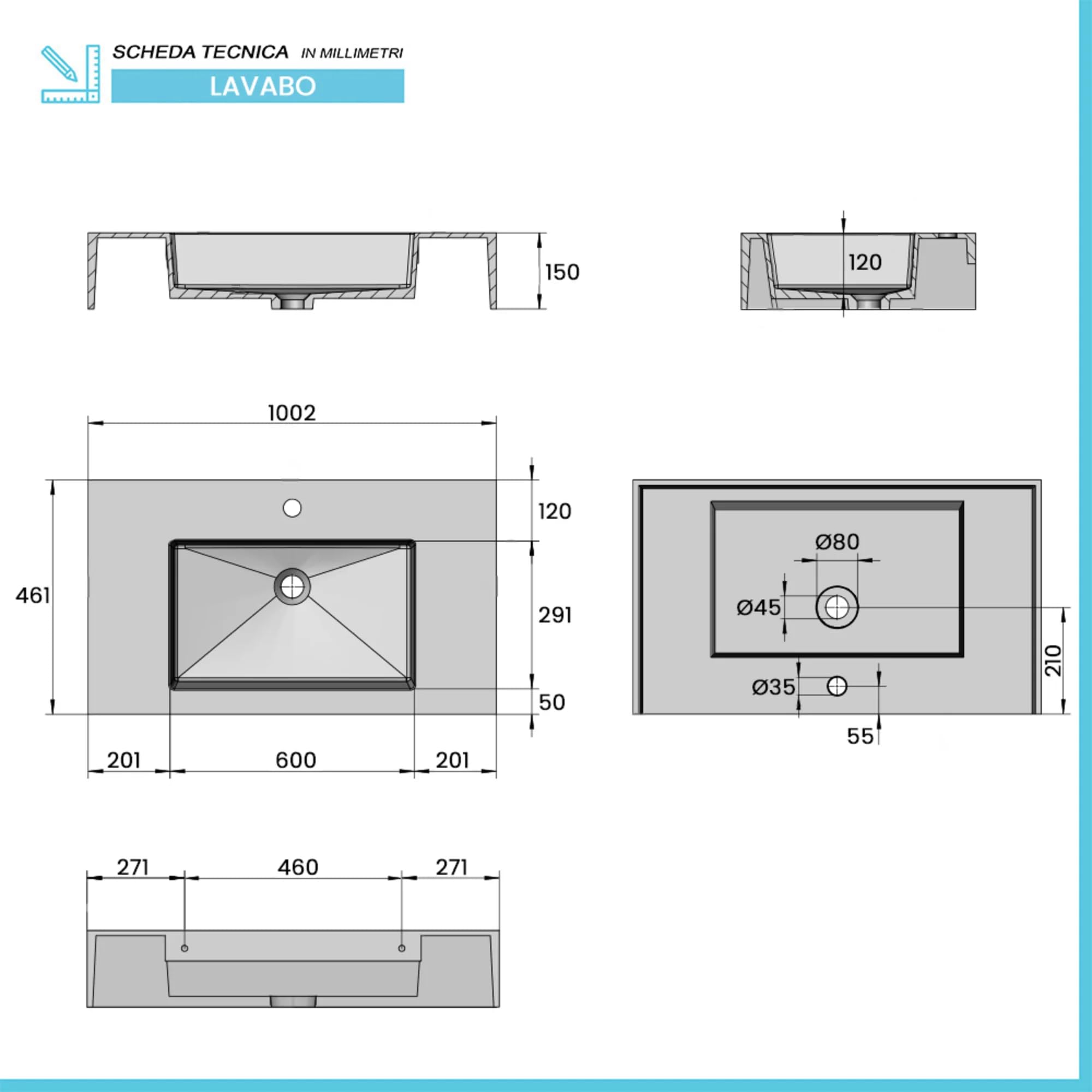 Inbagno Mobile Bagno Sospeso 100 cm Rovere Africa Lavabo Resina Linea Nara