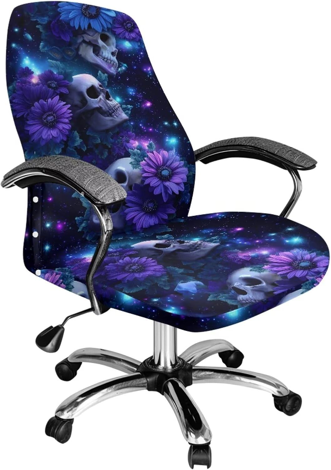 Skull Flower Print Desk Computer Chair Slipcover Skin Friendly Breathable Boss Rotating Office Chair Cover Soft Fit Universal Desk Rotating Slipcovers, S Size