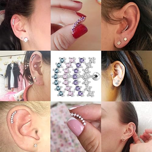 Miniatura 5 de ZS Curve Seven Stud CZ Aretes de acero inoxidable 316L para oreja, hélice, caracola, cartílago, piercing