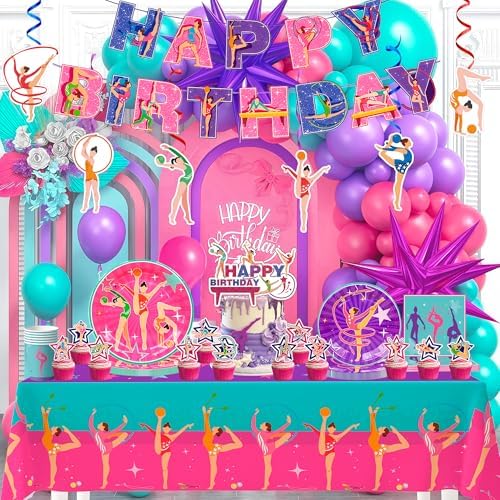 155pc Gymnastics Birthday Party Decorations Supplies, 10 Guests Gymnastics Party Tableware Gym Plates Napkins Cups Tablecloth Balloons Banner Sport Birthday Cupcake Toppersetc