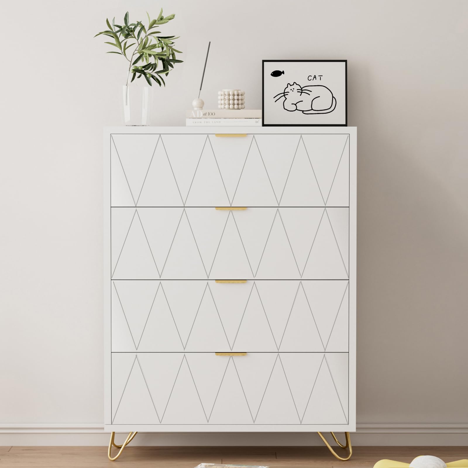 White Dresser for Bedroom, Wood Tall 4 Drawers Dresser with Metal Handles and Legs, Modern Dressers & Chest of Drawers with with Anti-Tipping for Bedroom, Living Room, Hallway, Entryway