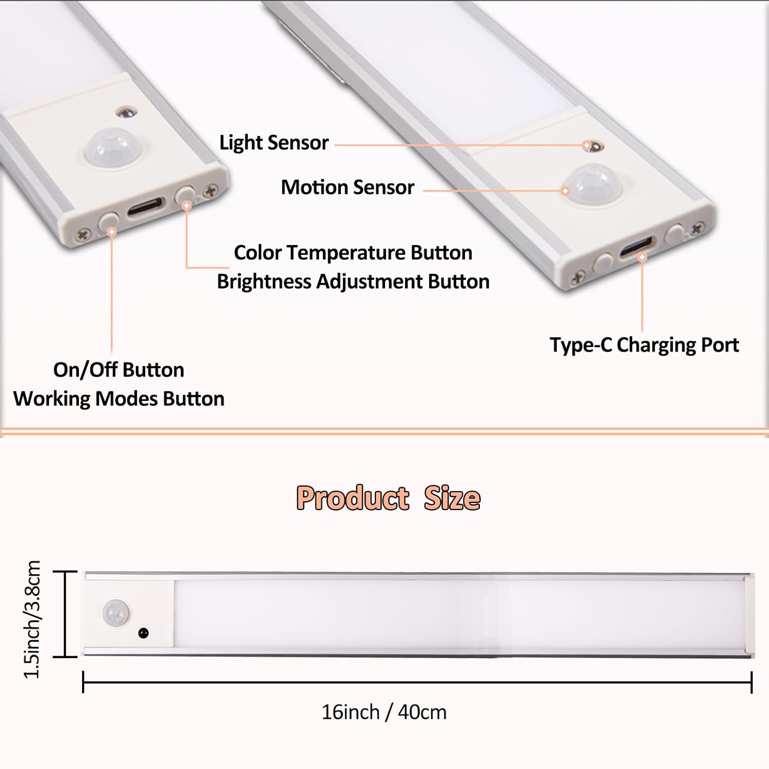 16inch Motion Sensor LED Under Cabinet Light, 3 Pack Rechargeable Magnetic Closet Light, 3 Color Temperatures Stepless Dimmable Wireless LED Lighting for Kitchen Cabinet Wardrobe Stairs Hallway