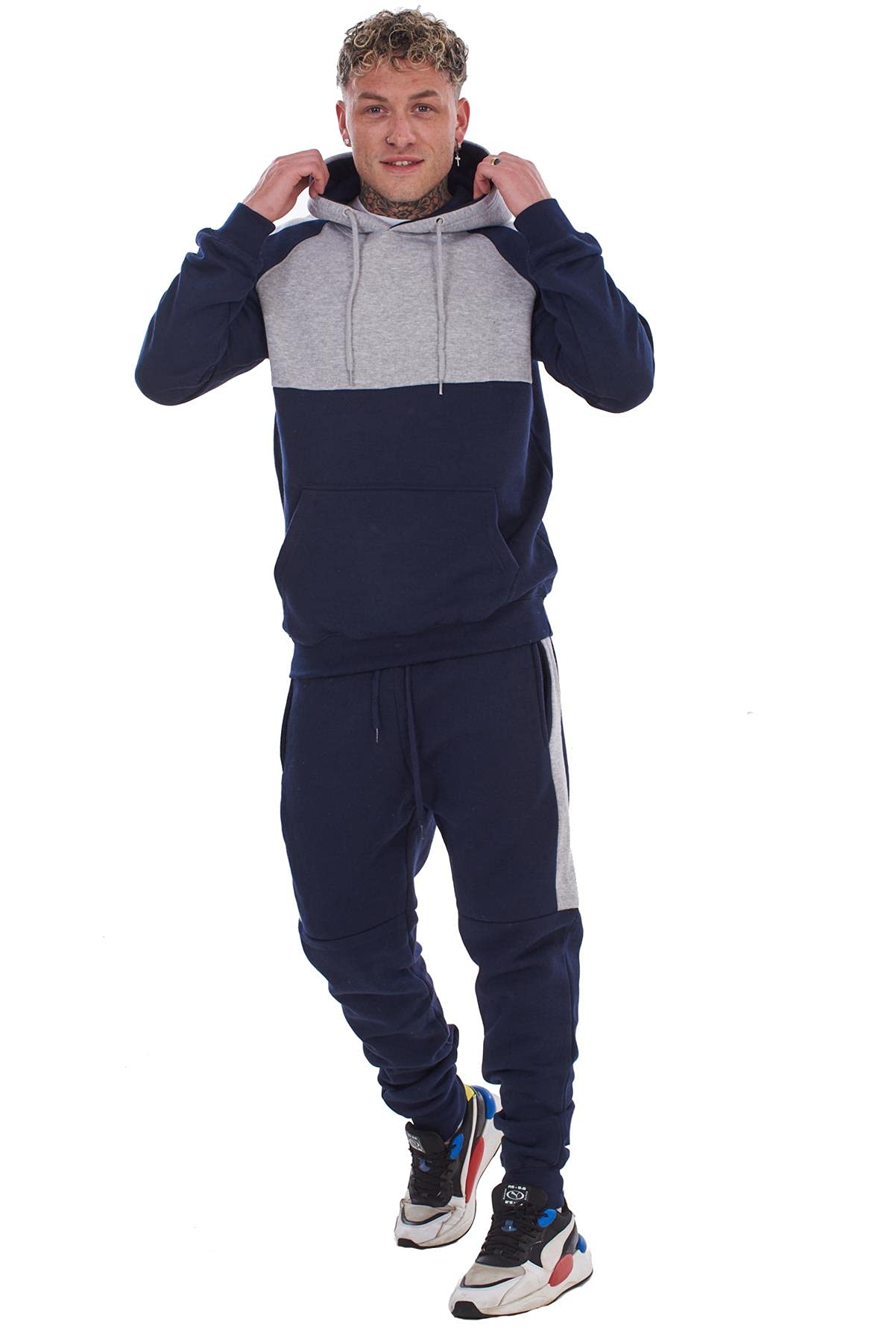 Malay Men's Navy Hooded Tracksuits Pullover Half Arm Striped Sweatshirts Joggers Activewear