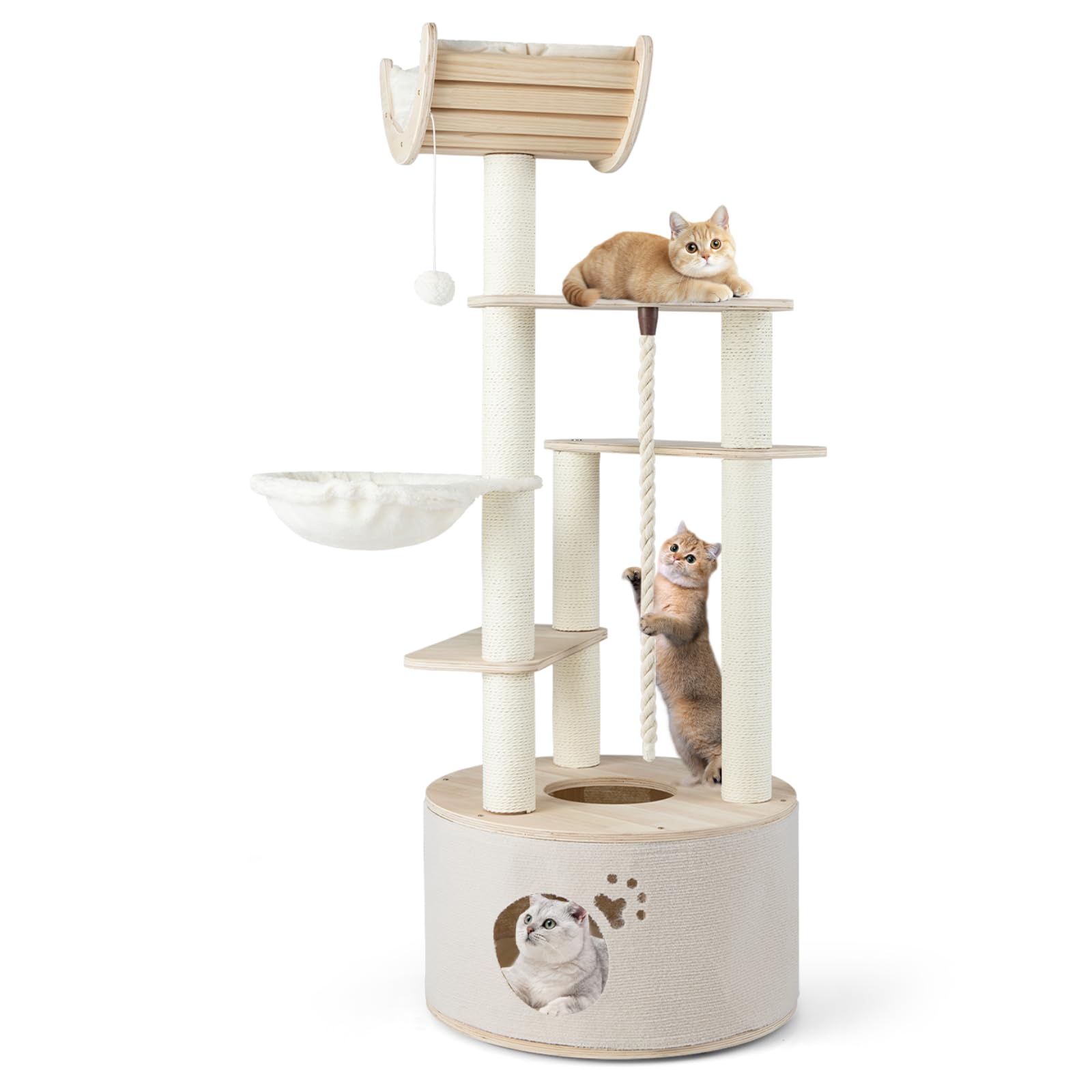 GYMAX Modern Cat Tree, 141cm Tall Cat Climbing Tower with Scratching Posts, Condo, Curved Perch, Hanging Ball & Rope, Heavy-Duty Wooden Kitty Activity Furniture for Indoor Kittens
