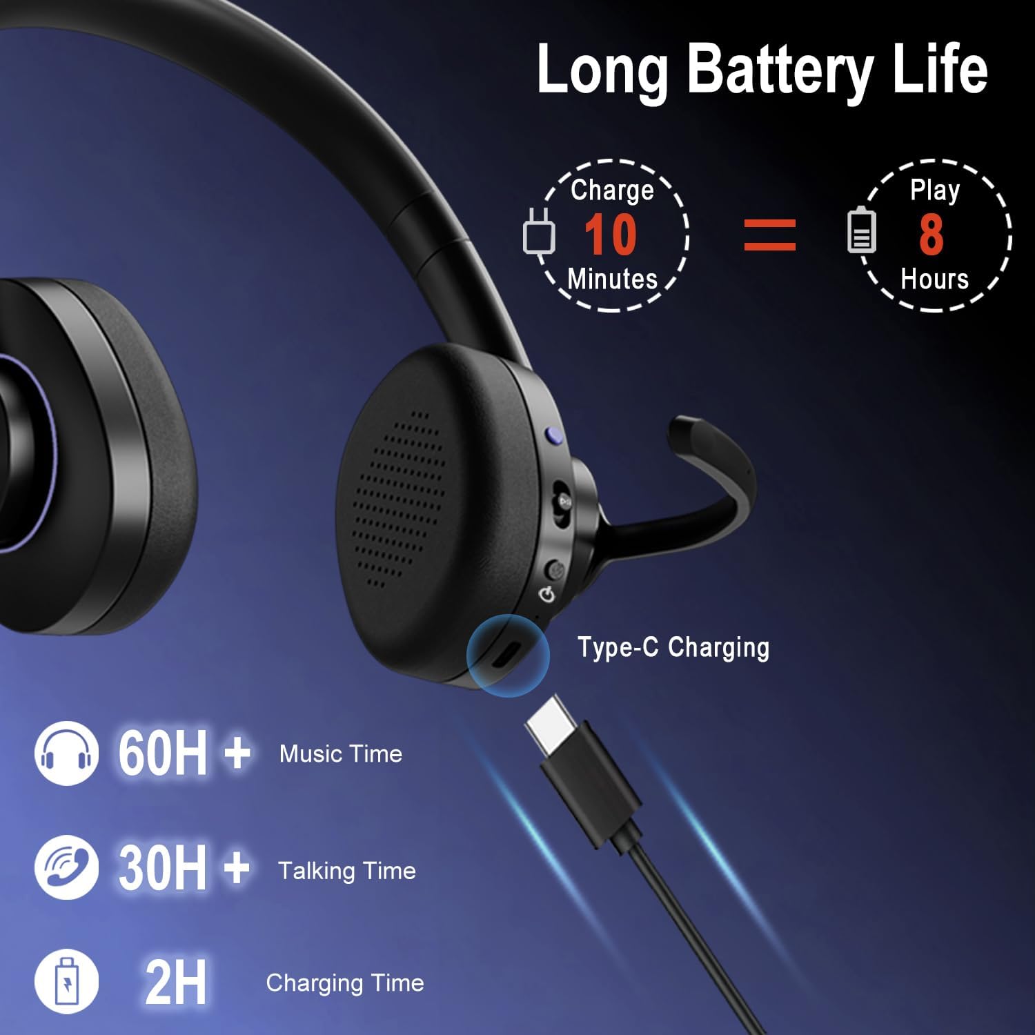 Wireless Bluetooth Headset with CVC8.0 Noise-Cancelling Microphone & Mic Mute, Class 1 V5.1 Bluetooth Headphone for Work/Ms Teams/Zoom/Home/Office/Computer/Cell Phone/Laptop, 30H+ Talking Time - Image 6