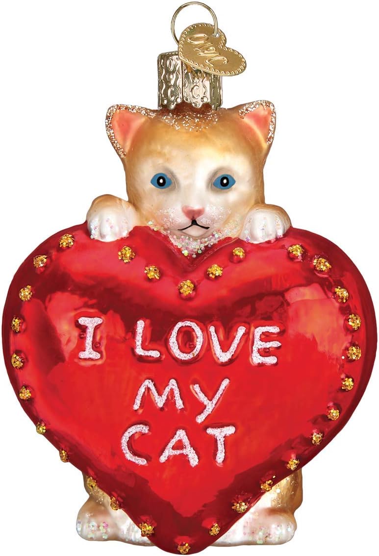 Old-World Christmas Glass Blown Ornament with S-Hook and Gift Box, Animals Selection (I Love My Cat, 30051)