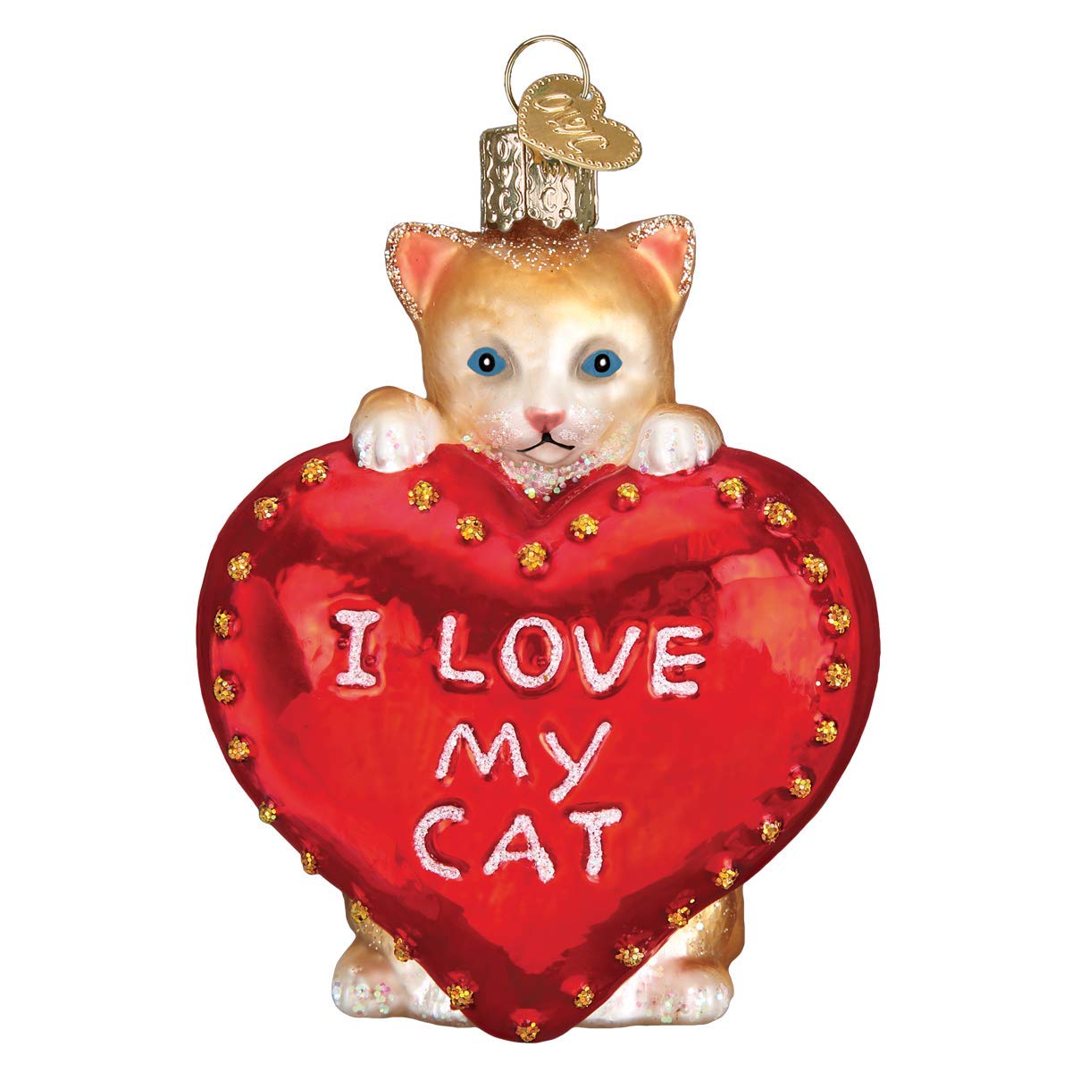 Old-World Christmas Glass Blown Ornament with S-Hook and Gift Box, Animals Selection (I Love My Cat, 30051)