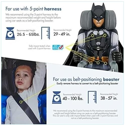 KidsEmbrace 2-in-1 Car Seat | Forward-Facing Harness (26.5–65 lbs) & Booster Mode (40–100 lbs) | Latch | Premium Fit with Multi-Position Headrest, Harness & Recline – DC Comics Batman (Black)