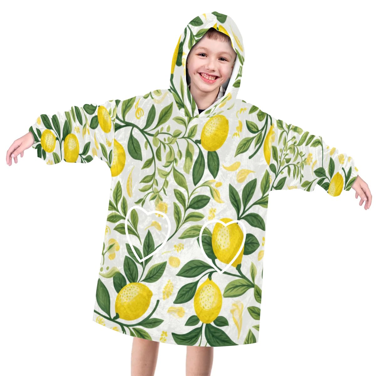 Pardick Wearable Blanket Hoodie for Kids, Lemon Leaves Fleece Sweatshirt Blanket Oversized Blanket Sweatshirt with Pocket Flannel Warm Hooded Blanket 6-10 Year Old Girl Boy Gift, One Size