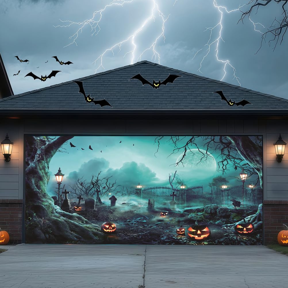 ZFFLYH Halloween Garage Door Cover Banner Outdoor Home Decorations Halloween Hanging Backdrop Door Cover Garage Wall Decor,Cemetery,8 * 7FT