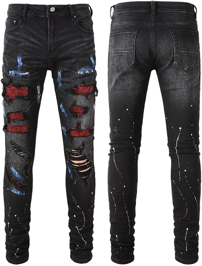 Mens Red Crystals Patchwork Jeans Skinny Stretch Tight Fit Distressed Painted Rhinestones Patched Ripped Pants