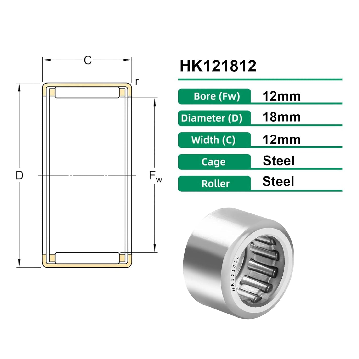 Drawn Cup Needle Roller Bearings, 10pcs HK121812 Open End Caged Bearing, 12mm Bore, 18mm OD, 12mm Width ST14 Steel Single Row Roller