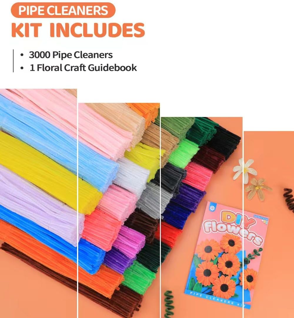 GAGANIU 3000pcs Craft Pipe Cleaners Bulk Set – 30 Vibrant Colors Chenille Stems with Flowers Manual in Handy Cardboard Box, Flexible Craft Supplies for DIY Arts, Decorations & Handmade Projects