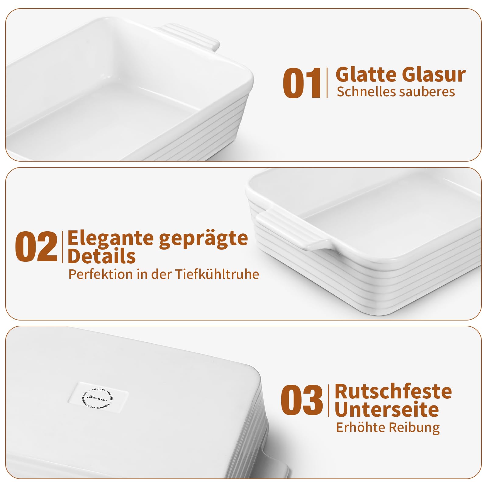 Jassceram Auflaufformen für den Backofen, 4,9 Liter Porzellan-Backform, Tiefe rechteckige Backform mit Griffen für Lasagne, Braten, Backofen und Spülmaschinenfest, großes Küchengeschenk, Weiß, 38,6 cm