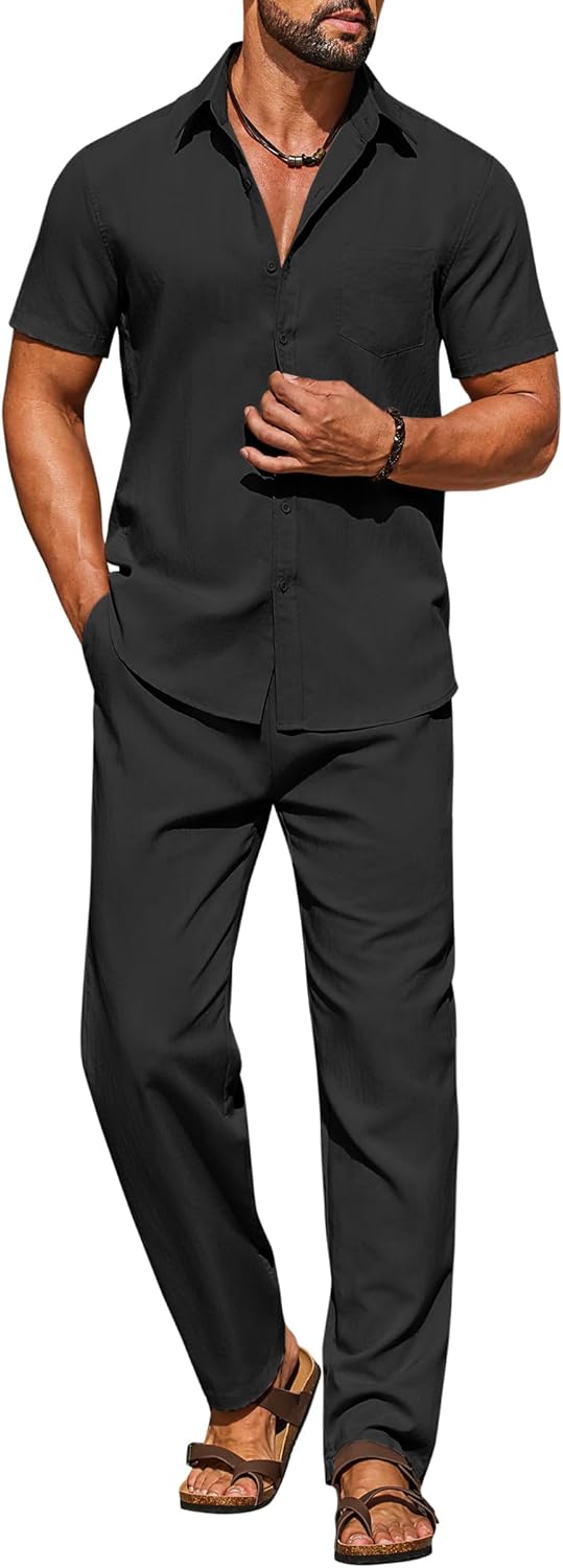 COOFANDY Men's Linen Sets 2 Piece Outfits Casual Short Sleeve Button Down Shirts and Pants Summer Beach Vacation Outfits