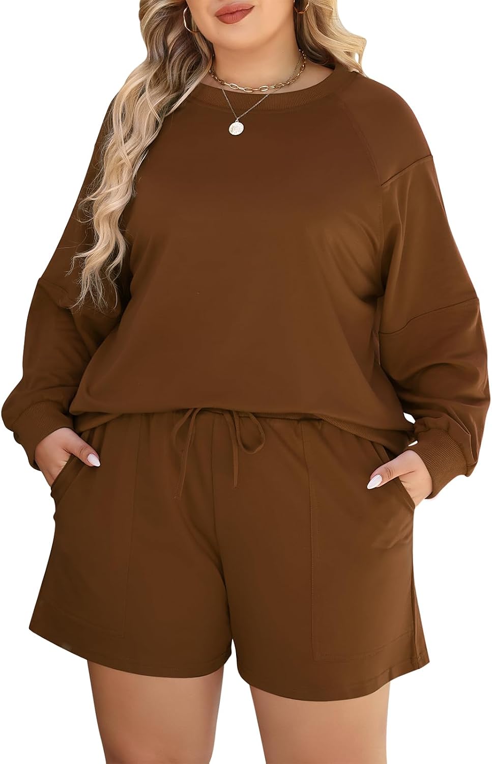 Nemidor Plus Size Fall Sweatsuit for Women Spring Matching Lounge Sets Casual Long Sleeve Top and Shorts Outfits 2 Piece