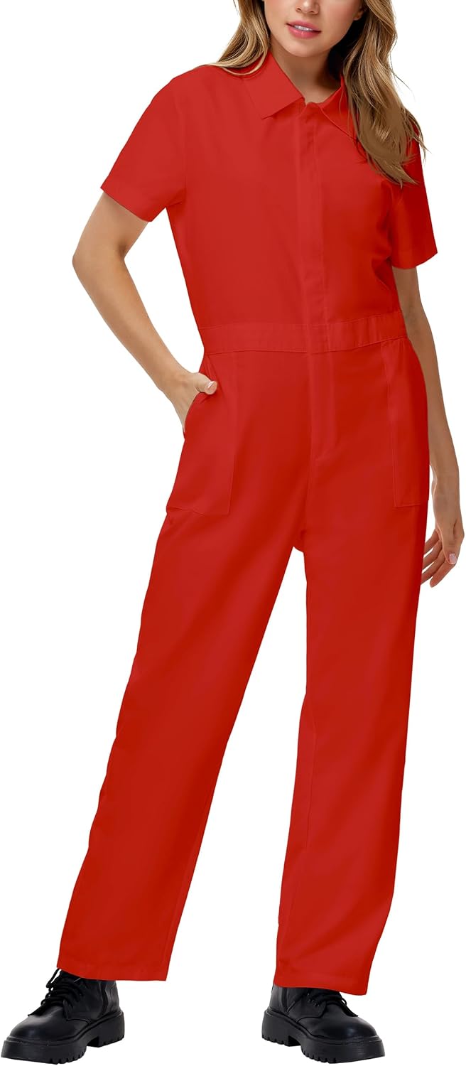 AOBUTE Women Short Sleeve Coverall Lightweight Solid Color Work Jumpsuit