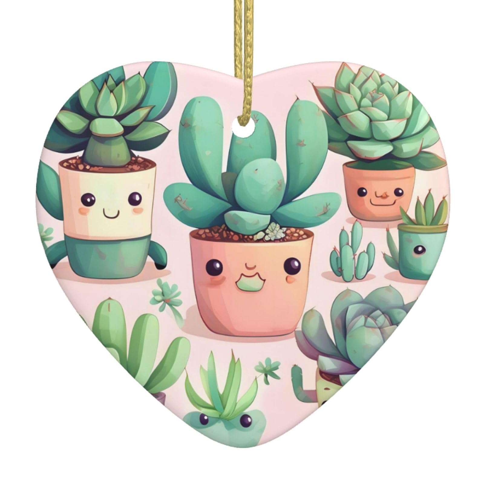 Lovely Succulent Plants Ceramic Christmas Heart Pendant with Silk Thread, Christmas Tree Home Decoration
