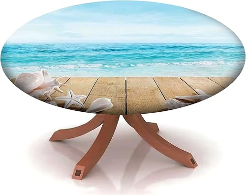 Miniatura 6 de Mantel con patrón de playa, borde elástico, impermeable, lavable, para mesas redondas de 22 a 27 pulgadas