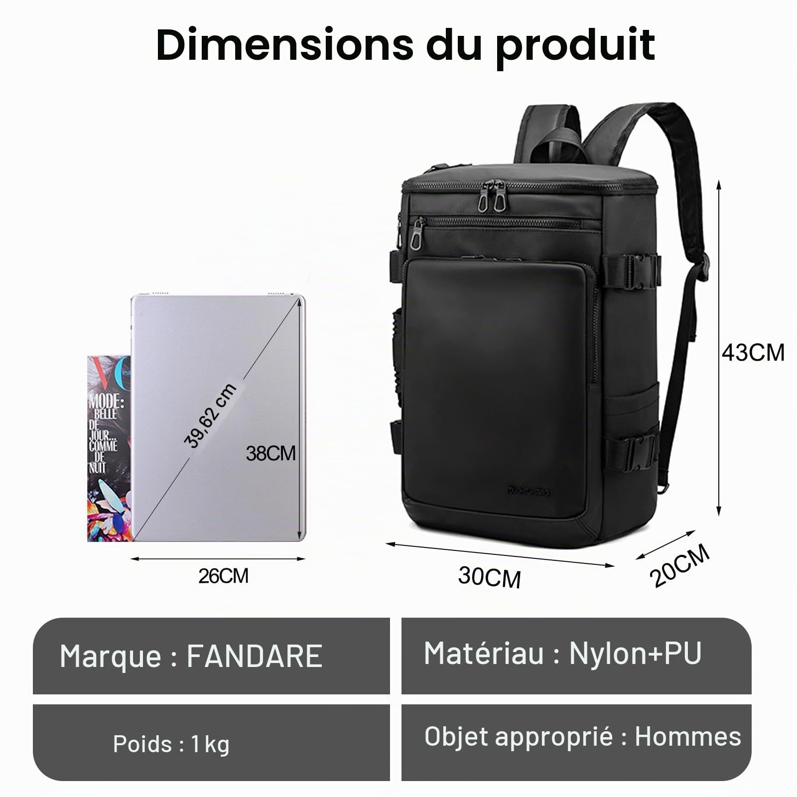FANDARE Sac à Dos Convertible 3 Voies - Voyage Cabine Avion, Bagage à Main, Fourre-Tout en Cuir, Bandoulière, Ordinateur Portable - Pour Homme - Noir