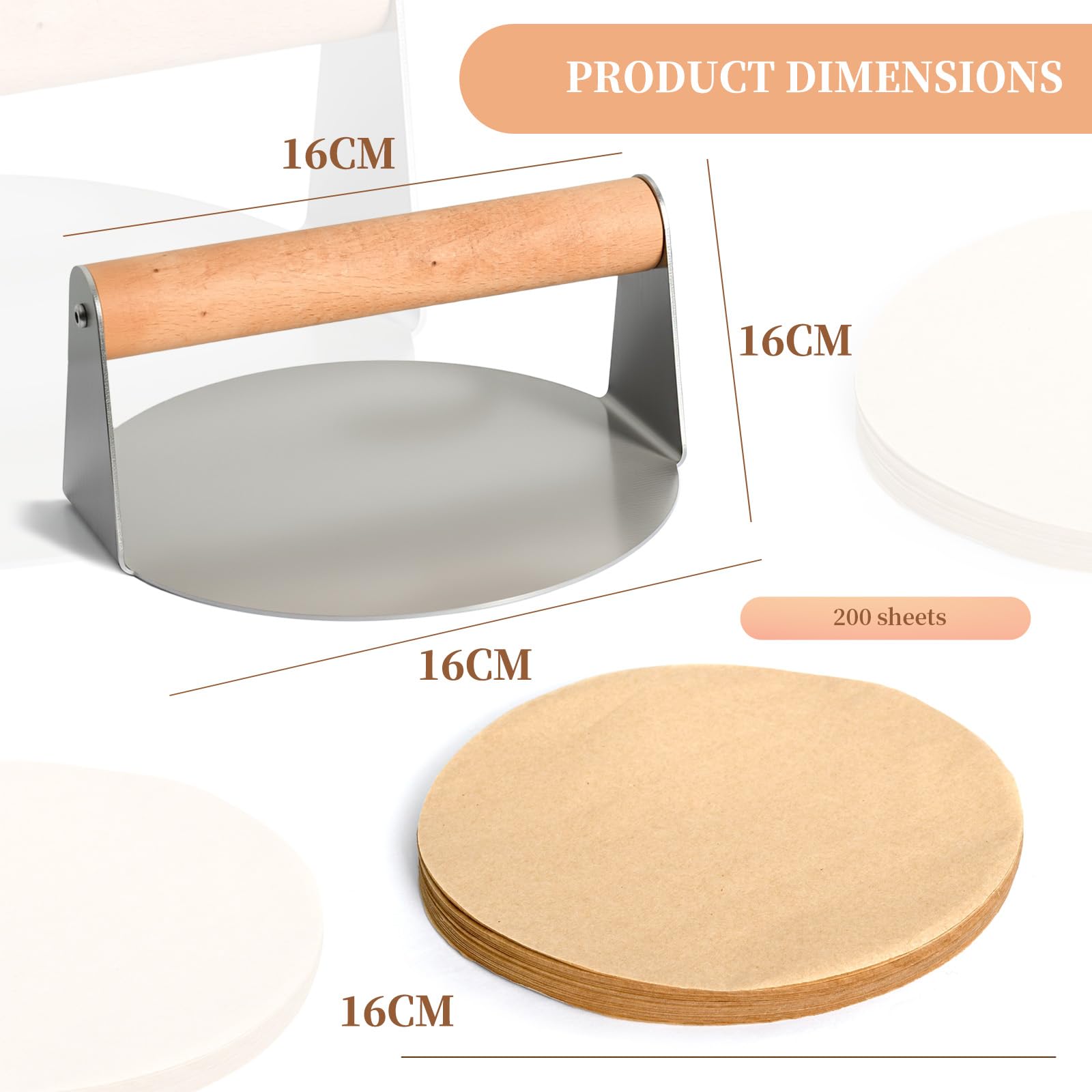 Set Stampo per Hamburger, Pressa per Carne 16 cm + 200 Fogli Separatore di Carne 16 cm, Strumenti di Cucina Essenziali