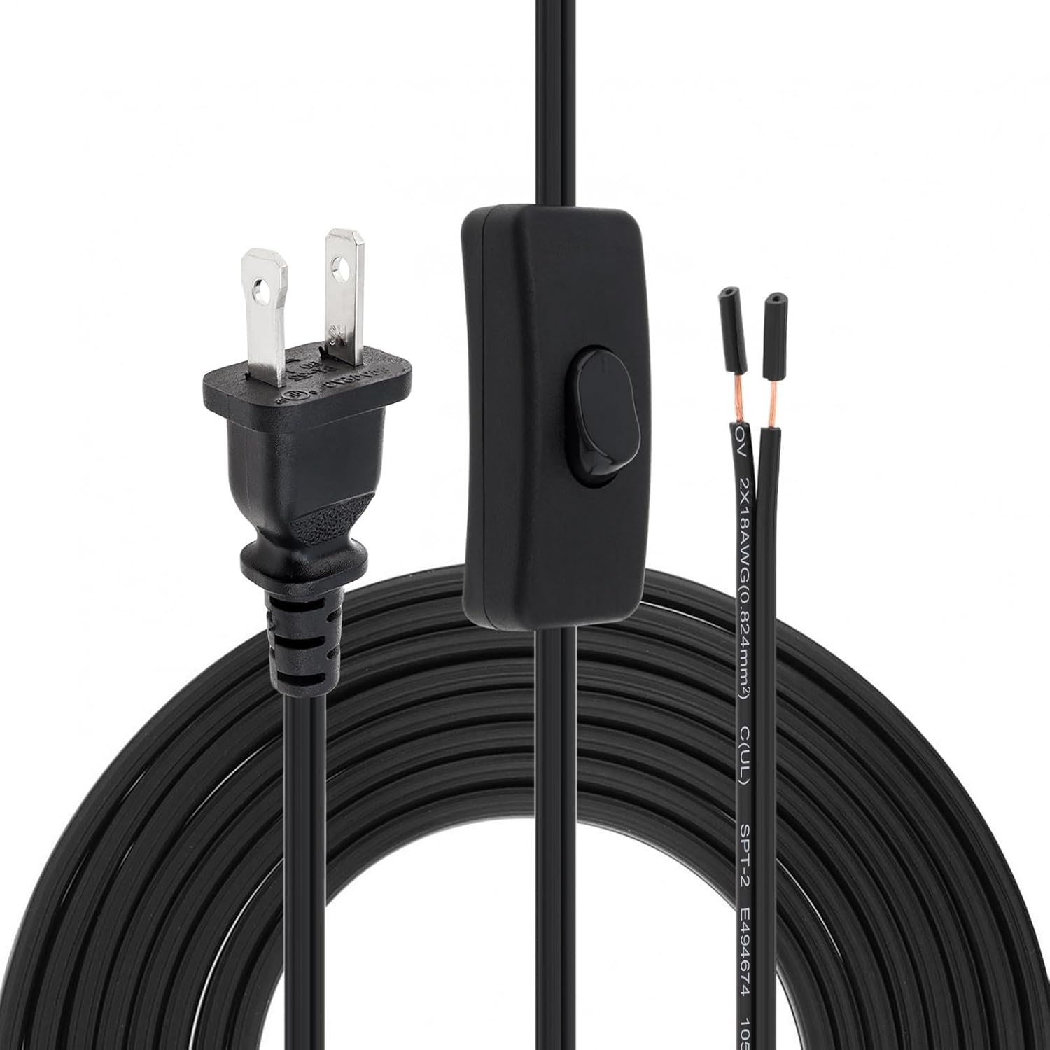 RTNLIT 6FT Lamp Cord with On/Off Button Switch and Polarized Plug, Stripped Ends Ready for Wiring, 18AWG SPT-2 Replacement Power Cord, Clear