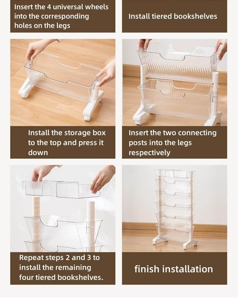 Cabinet, 6-Tier Transparent Bookshelf on Wheels Magazine Mobile Book Cart Organizer Bookshelf for Office School and Home Organization(White)