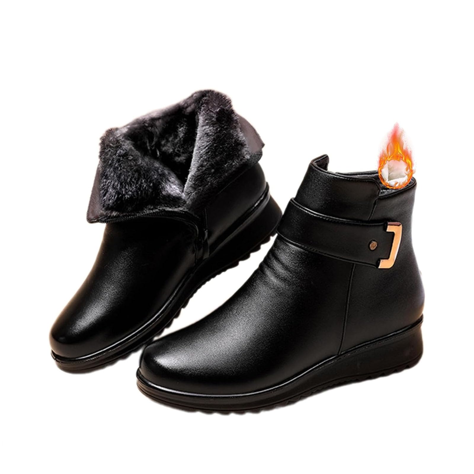 Womens Metal Buckle Genuine Leather Wool Orthopedic Boots Orthopedic Boots for Women Winter Warm Non-Slip Fur Lined Waterproof
