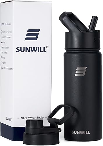 Miniatura 6 de SUNWILL Botella de agua aislada con pajilla, botella de agua para deportes y viajes, 18 onzas, acero inoxidable de doble pared, apta para