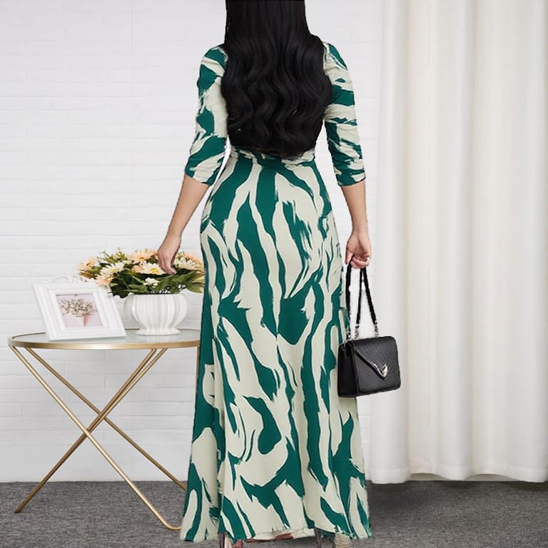 Image of CaniBtr Maxi Dresses for Women Plus Size 3 /4 Sleeve Long Dress with Belt | Versatile plus-size maxi dress,wrap v-neck + waist tie craft soft glamorous looks easily for everyday casual outings