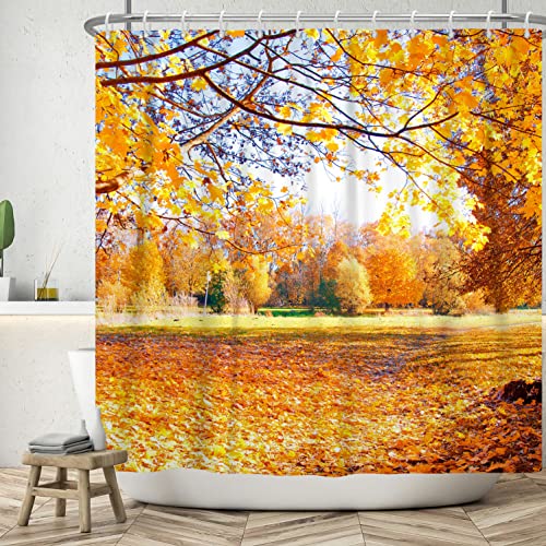 Bovlleetd Autumn Shower Curtain Forest Yellow Shower Curtains Natural Scenery Bathtub Decorative Curtain with Hooks Fall Thanksgiving Theme Bath Decor 71x71inch